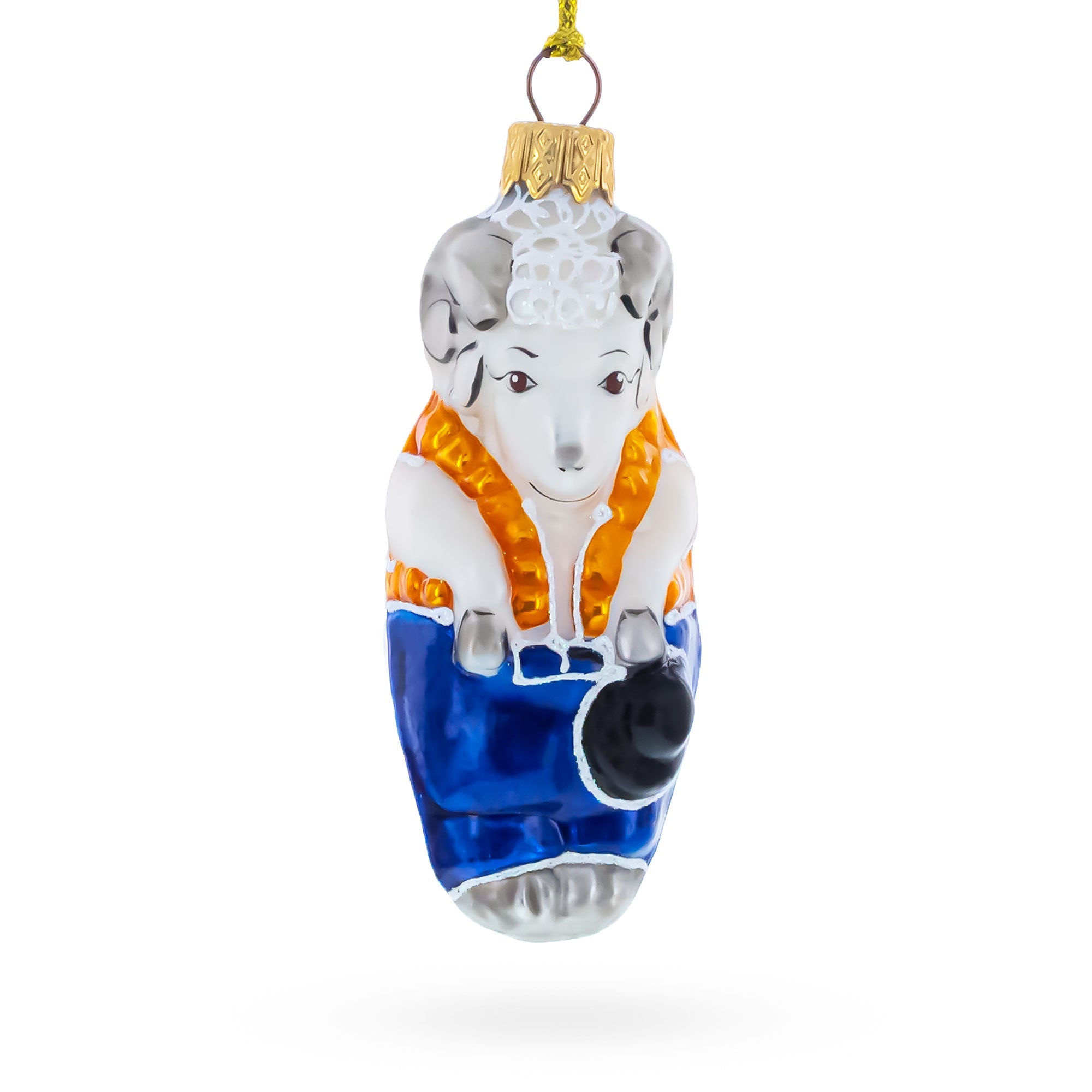Goat in Folk Vest with Blue Trousers and Hat Glass Christmas Ornament