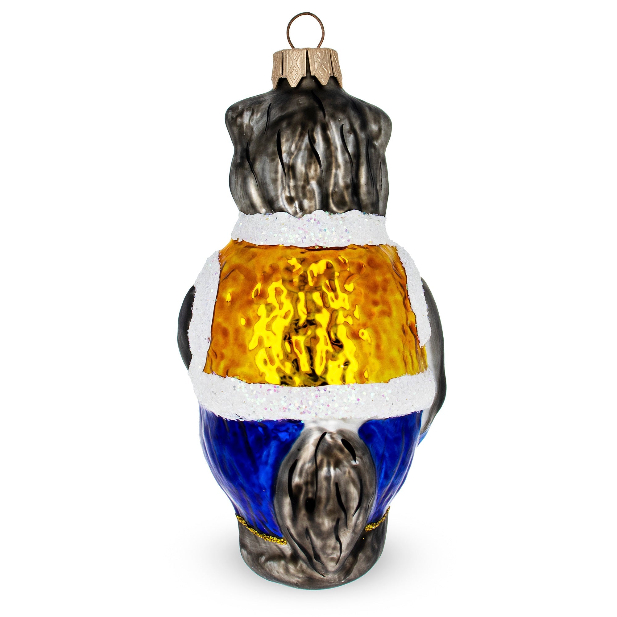 Gray Wolf Wearing Blue Pants and Gold Vest Glass Christmas Ornament