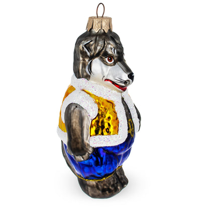 Gray Wolf Wearing Blue Pants and Gold Vest Glass Christmas Ornament