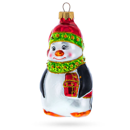 Penguin in Santa Hat with Red Present Glass Christmas Ornament
