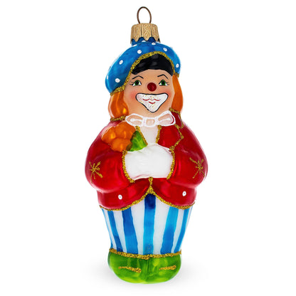Circus Clown Holding Flowers Glass Christmas Ornament