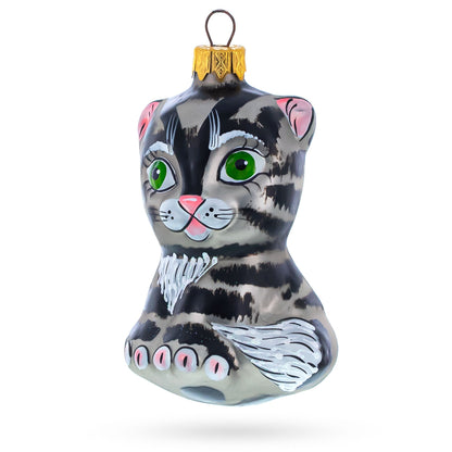 Striped Cat with Green Eyes Glass Christmas Ornament