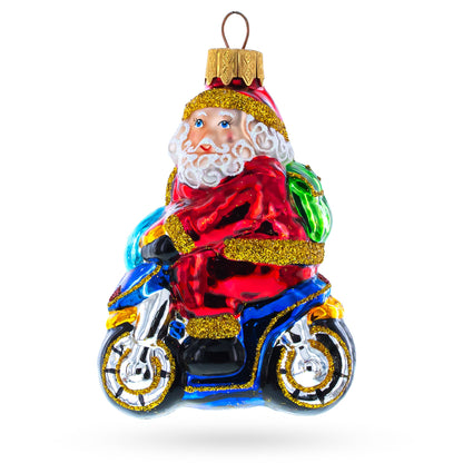 Santa on Motorcycle with Green Backpack Glass Christmas Ornament