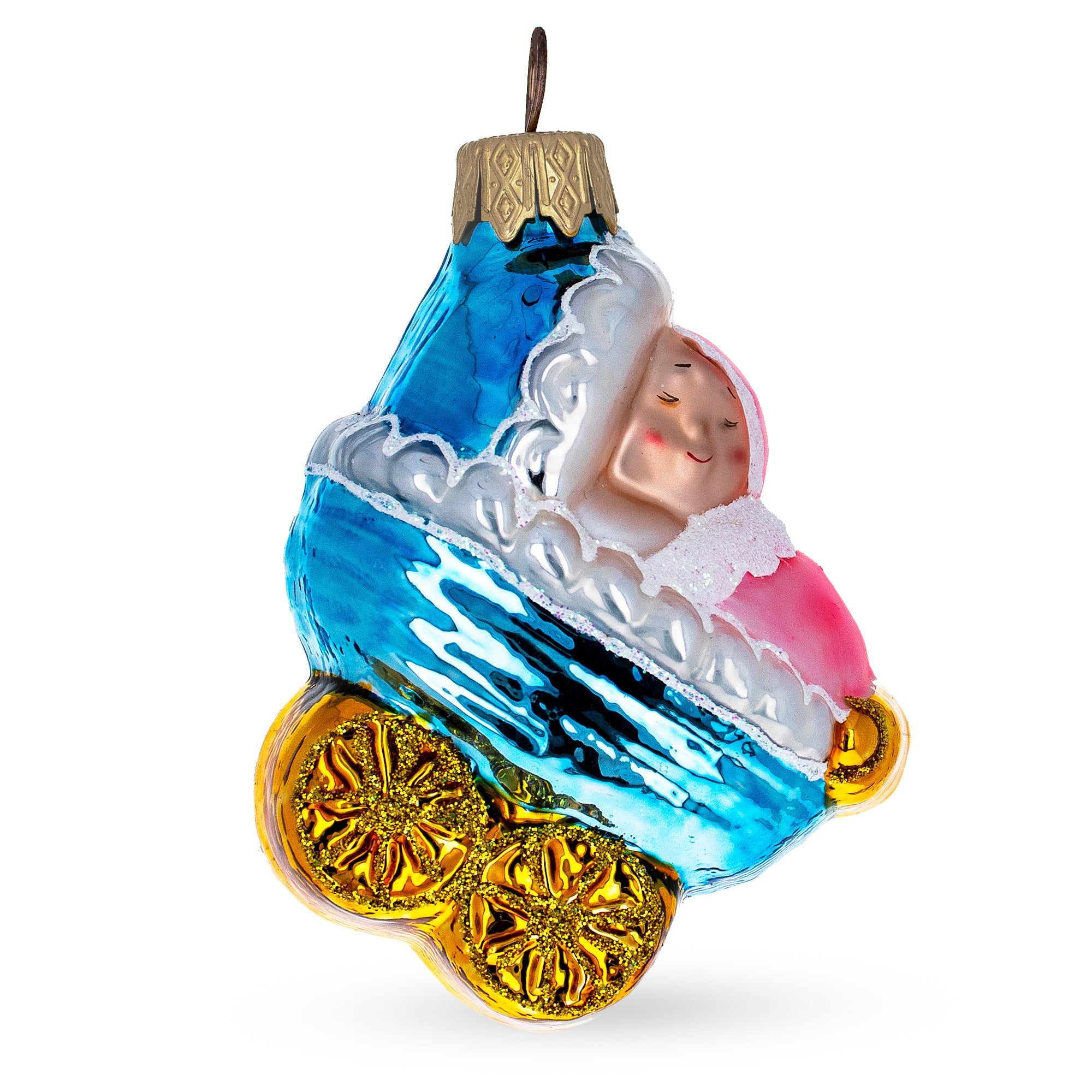 Newborn Baby Girl Wrapped in Blanket Inside a Stroller Glass Christmas Ornament