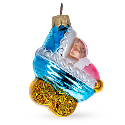 Newborn Baby Girl Wrapped in Blanket Inside a Stroller Glass Christmas Ornament
