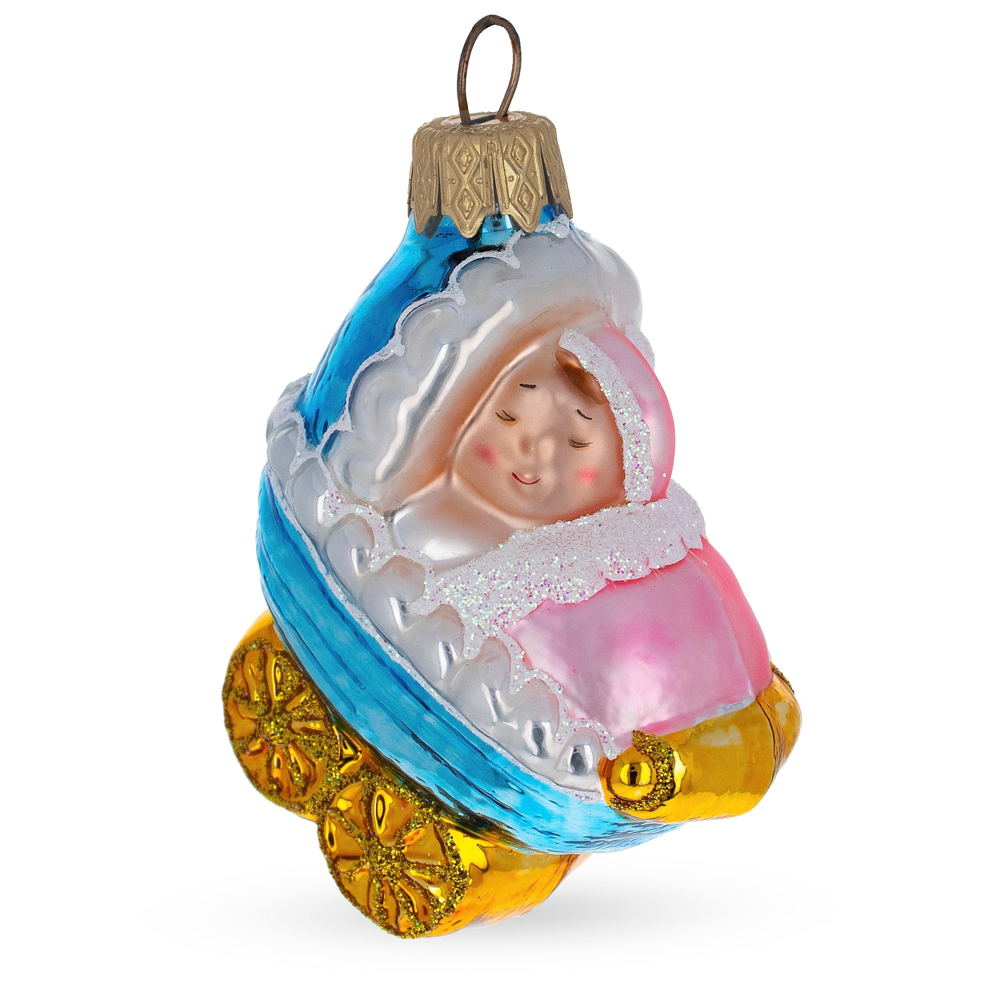 Newborn Baby Girl Wrapped in Blanket Inside a Stroller Glass Christmas Ornament