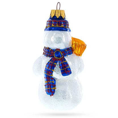 Snowman Wearing Blue Hat and Plaid Scarf with Broom Glass Christmas Ornament BestPysanky