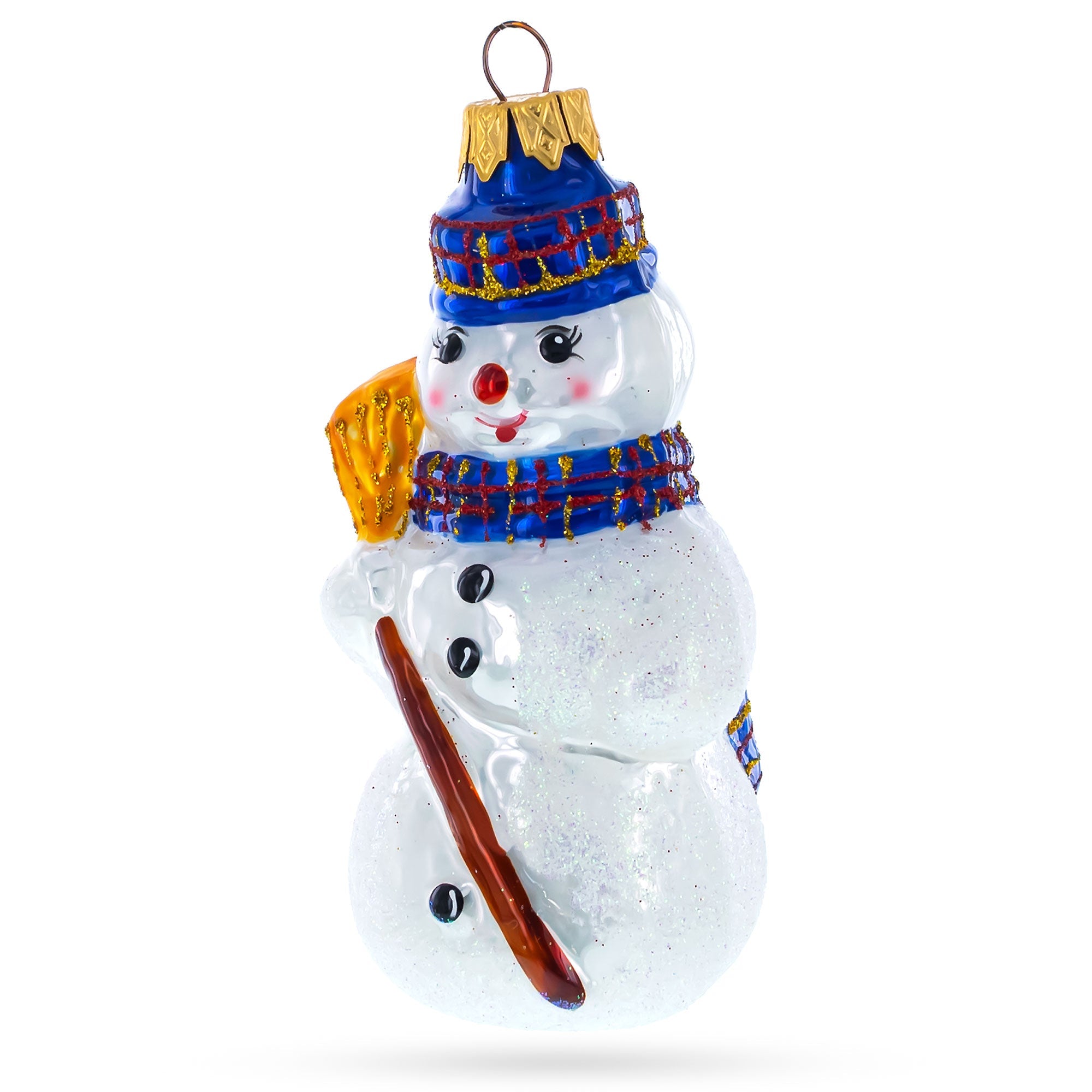Snowman Wearing Blue Hat and Plaid Scarf with Broom Glass Christmas Ornament BestPysanky