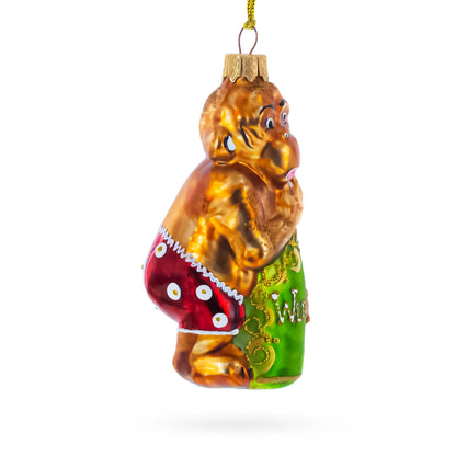 Monkey with Wine Bottle Glass Christmas Ornament