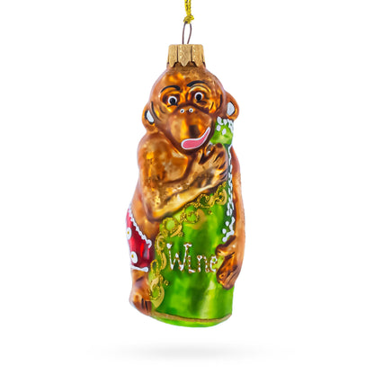 Monkey with Wine Bottle Glass Christmas Ornament