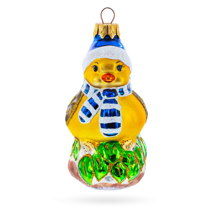 Yellow Chick With Blue Hat And Striped Scarf Glass Christmas Ornament