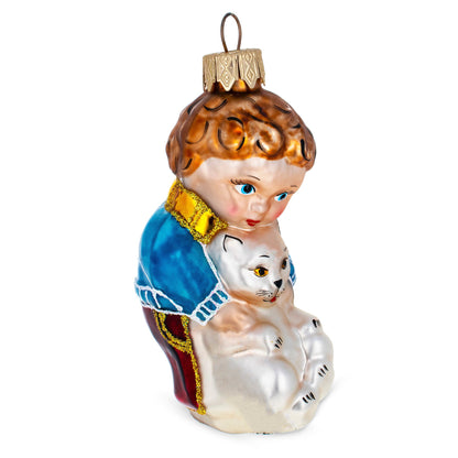Boy Hugging White Cat Glass Christmas Ornament