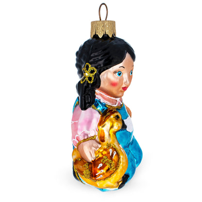 Girl Hugging Yellow Duck Glass Christmas Ornament