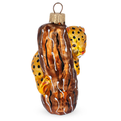 Spotted Leopard Cub Climbing Tree Glass Christmas Ornament