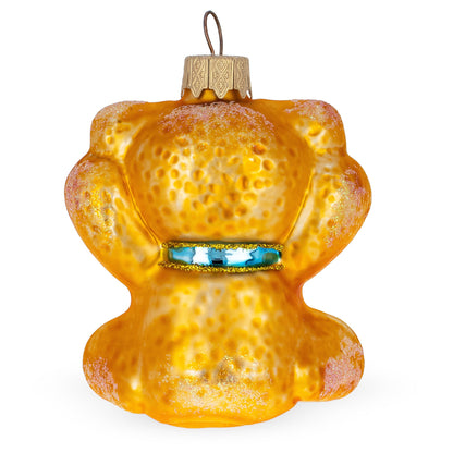 Golden Bear with Blue Bow and Raised Paws Glass Christmas Ornament