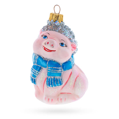 Piglet with Blue Scarf Glass Christmas Ornament