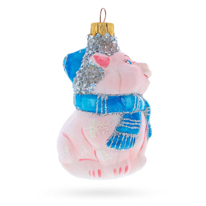 Piglet with Blue Scarf Glass Christmas Ornament