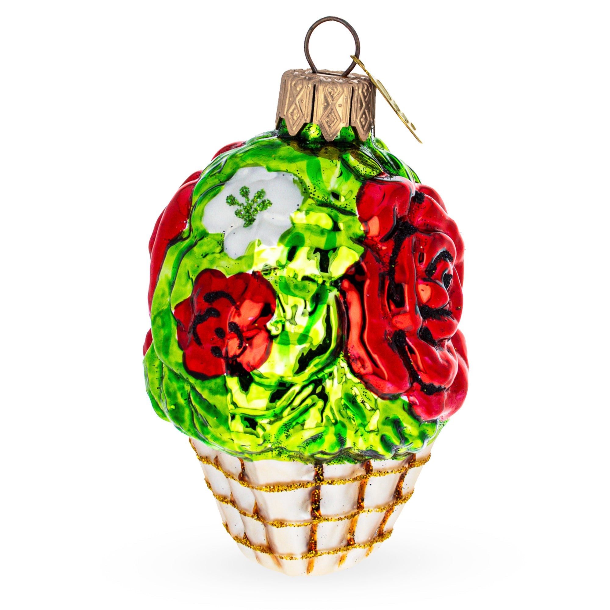 Red Flowers in White Basket Glass Christmas Ornament