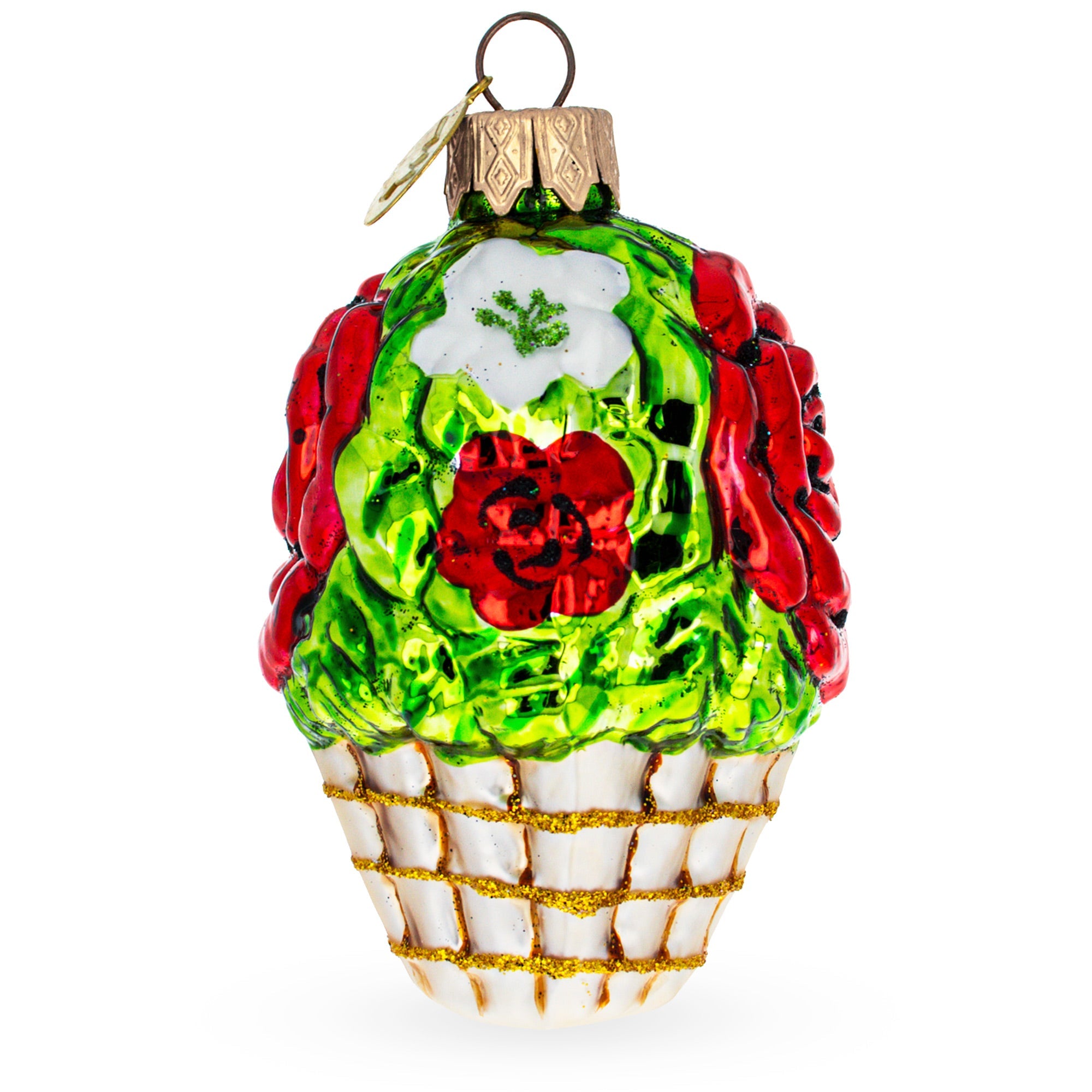 Red Flowers in White Basket Glass Christmas Ornament