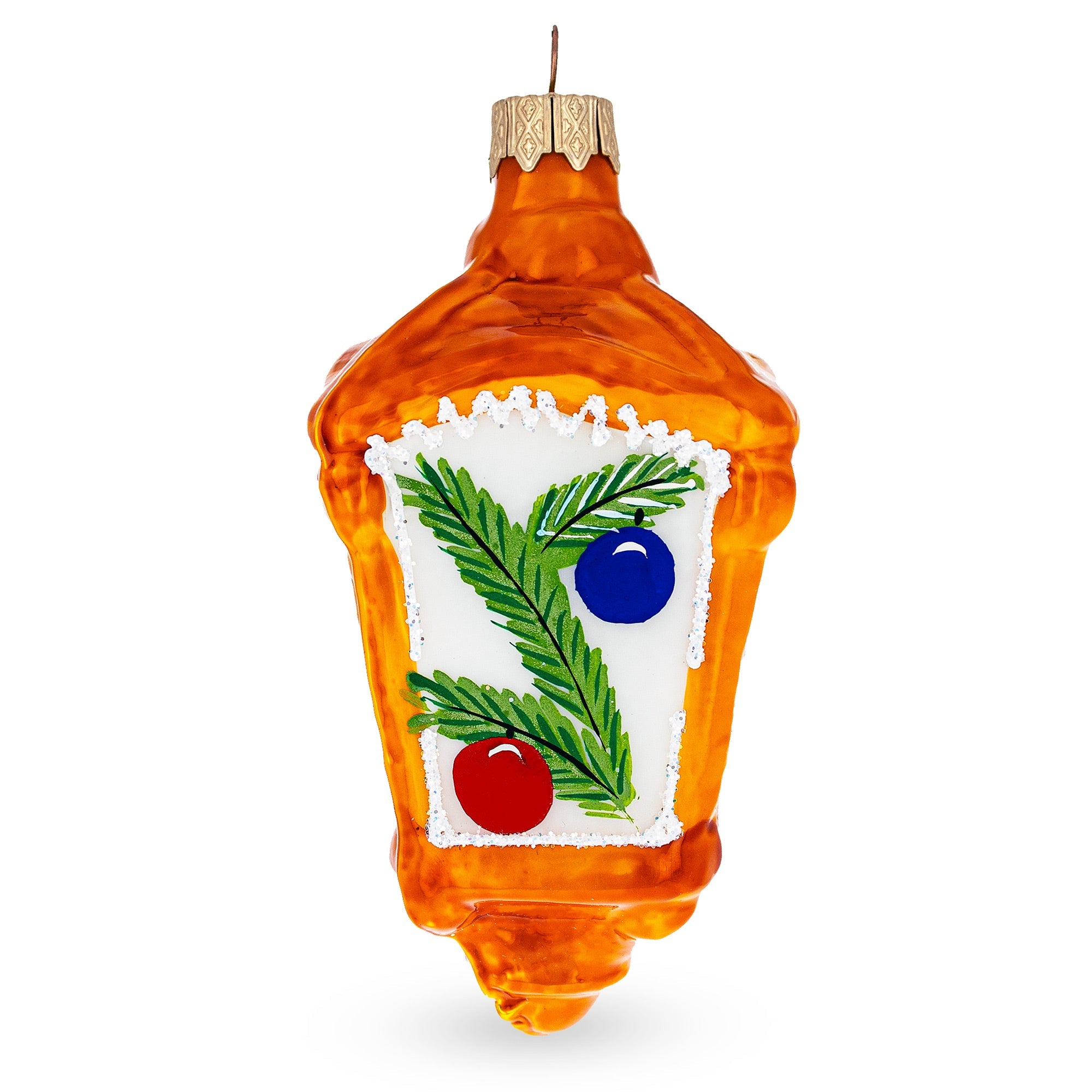 Lantern with Pine Branch Glass Christmas Ornament
