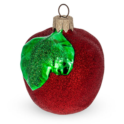 Red Apple with Green Leaf Glass Christmas Ornament