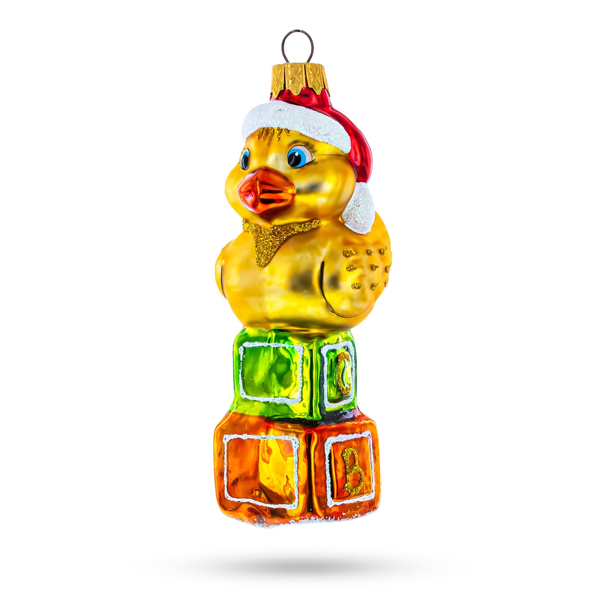 Yellow Duck in Santa Hat on Letter Blocks Glass Christmas Ornament