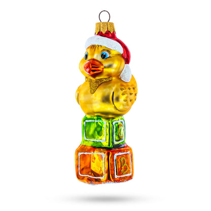 Yellow Duck in Santa Hat on Letter Blocks Glass Christmas Ornament