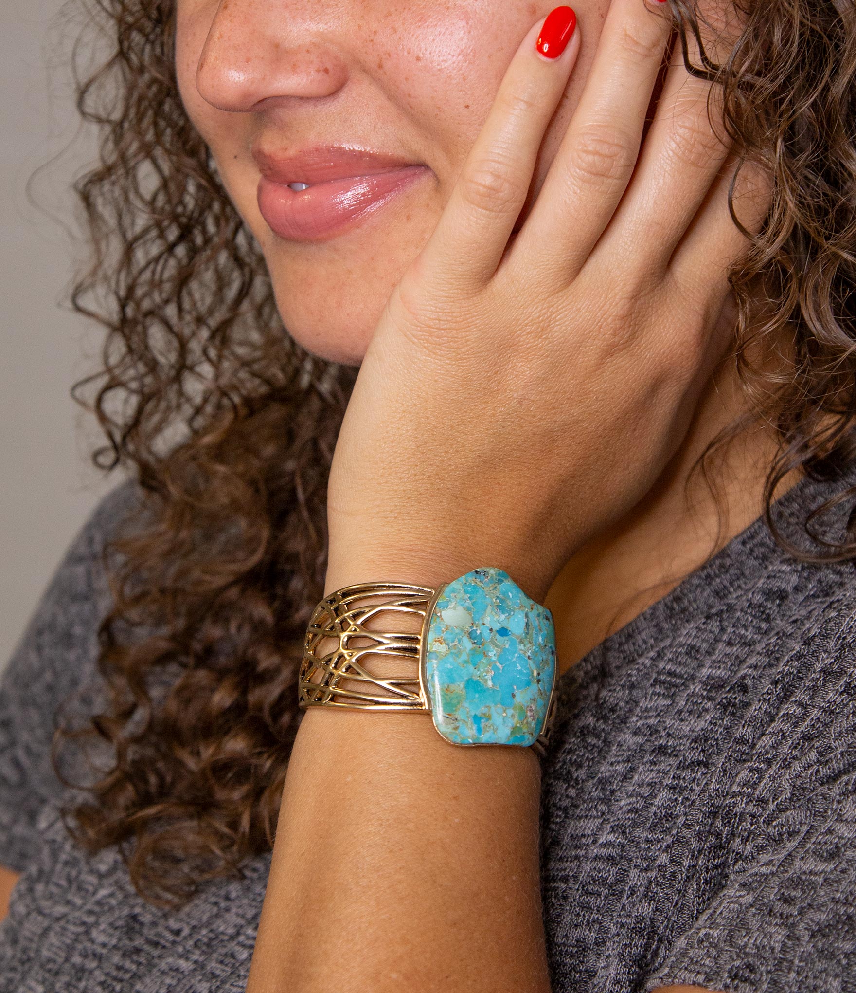 Abstract Blue Turquoise Golden Statement Cuff Barse Jewelry