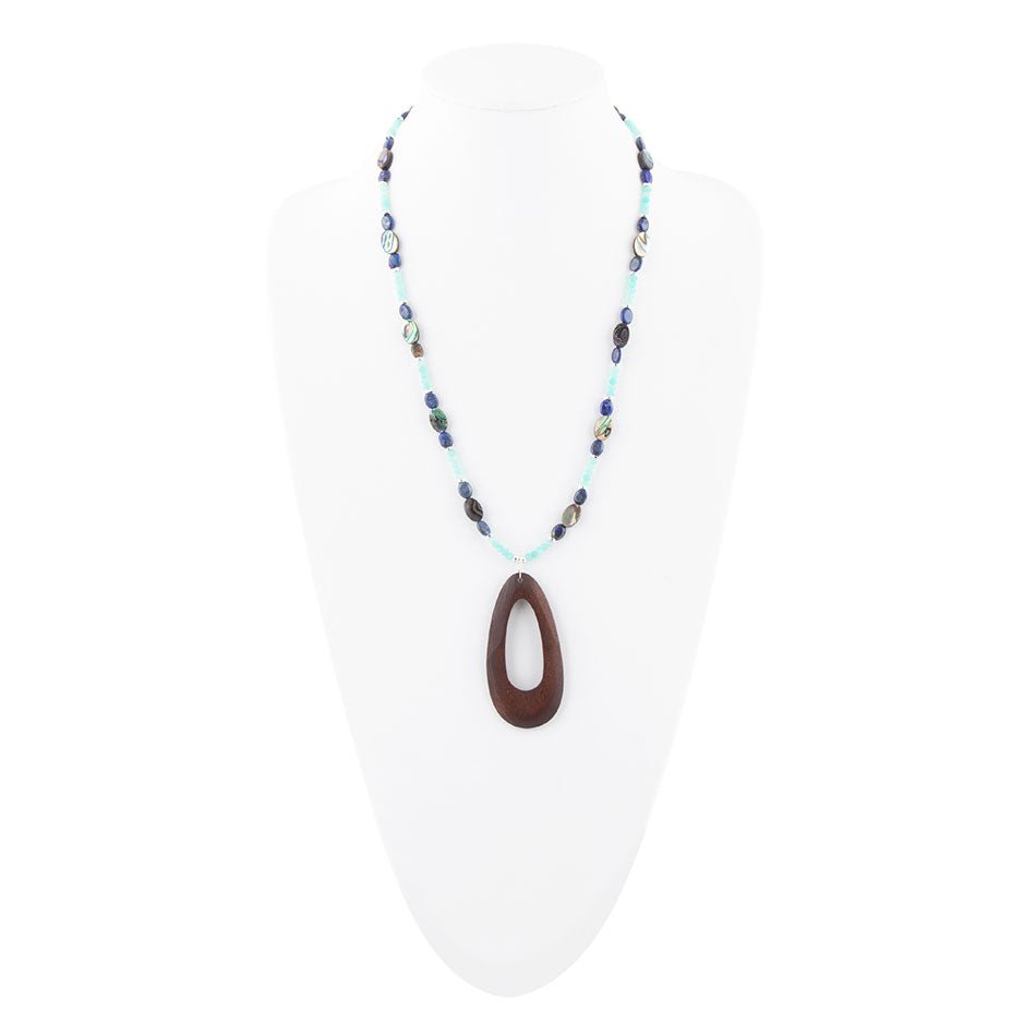 Ajo Blue Abalone and Amazonite Wood Pendant Necklace Barse Jewelry