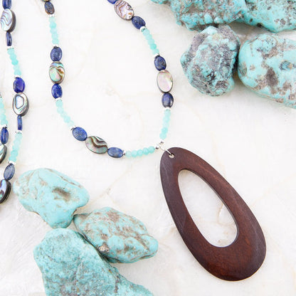 Ajo Blue Abalone and Amazonite Wood Pendant Necklace Barse Jewelry