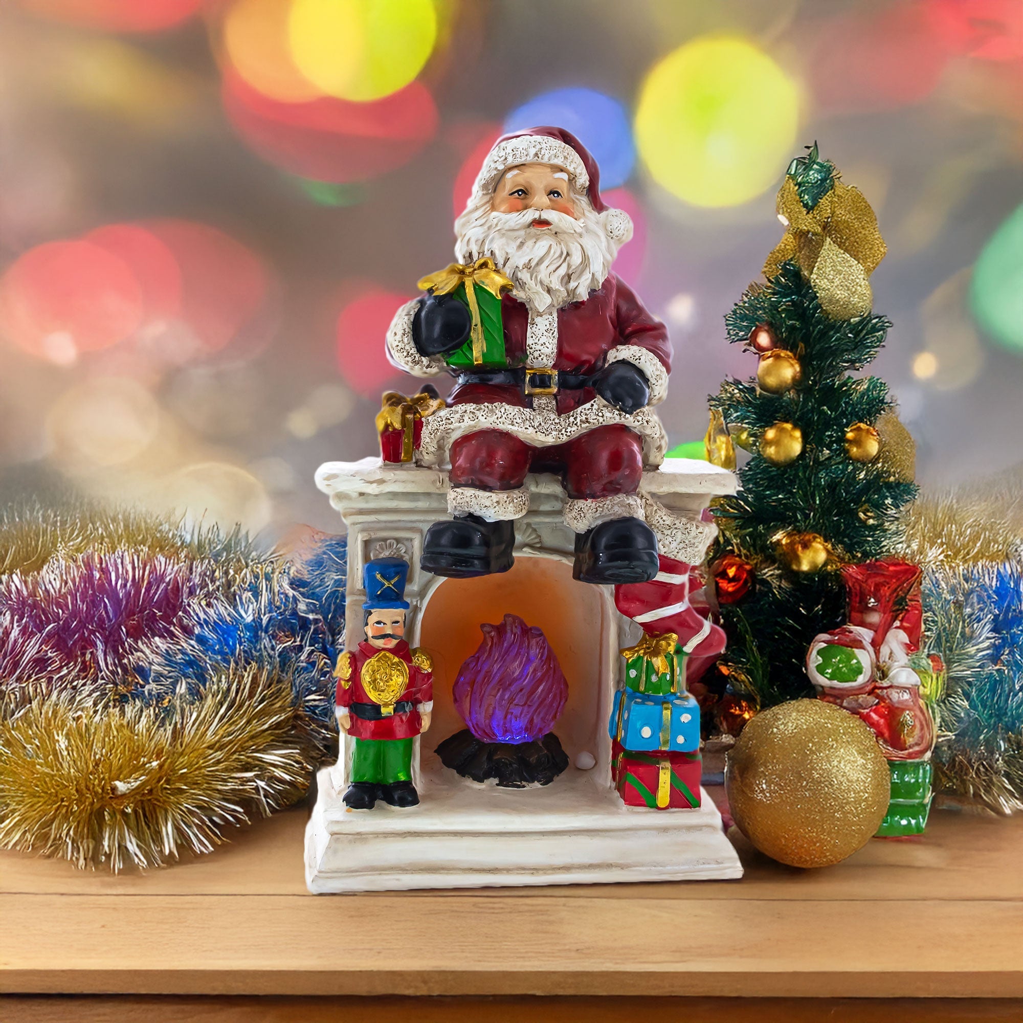 Santa Sitting on a Fireplace LED Lights Figurine 7.75 Inches