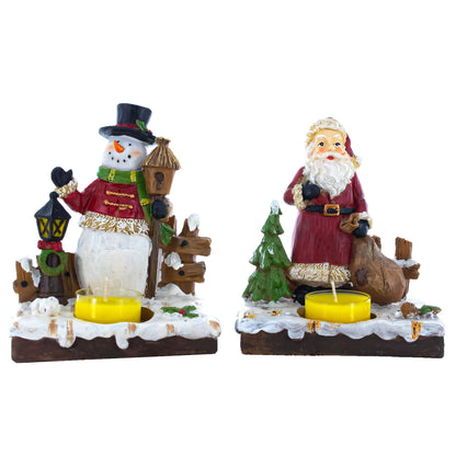 Set of 2 Santa and Snowman Candle Holders 6 Inches