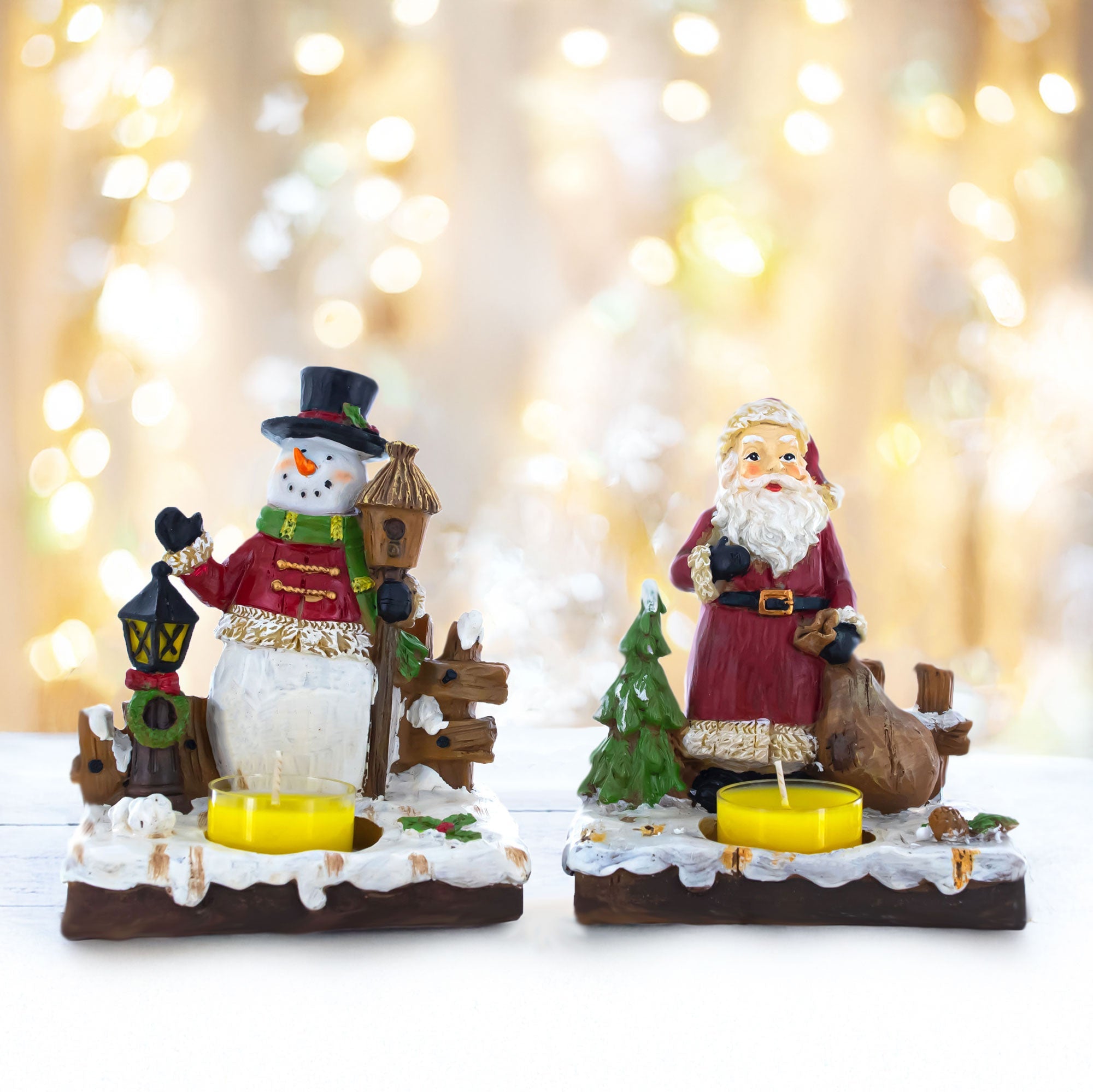 Set of 2 Santa and Snowman Candle Holders 6 Inches