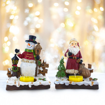 Set of 2 Santa and Snowman Candle Holders 6 Inches