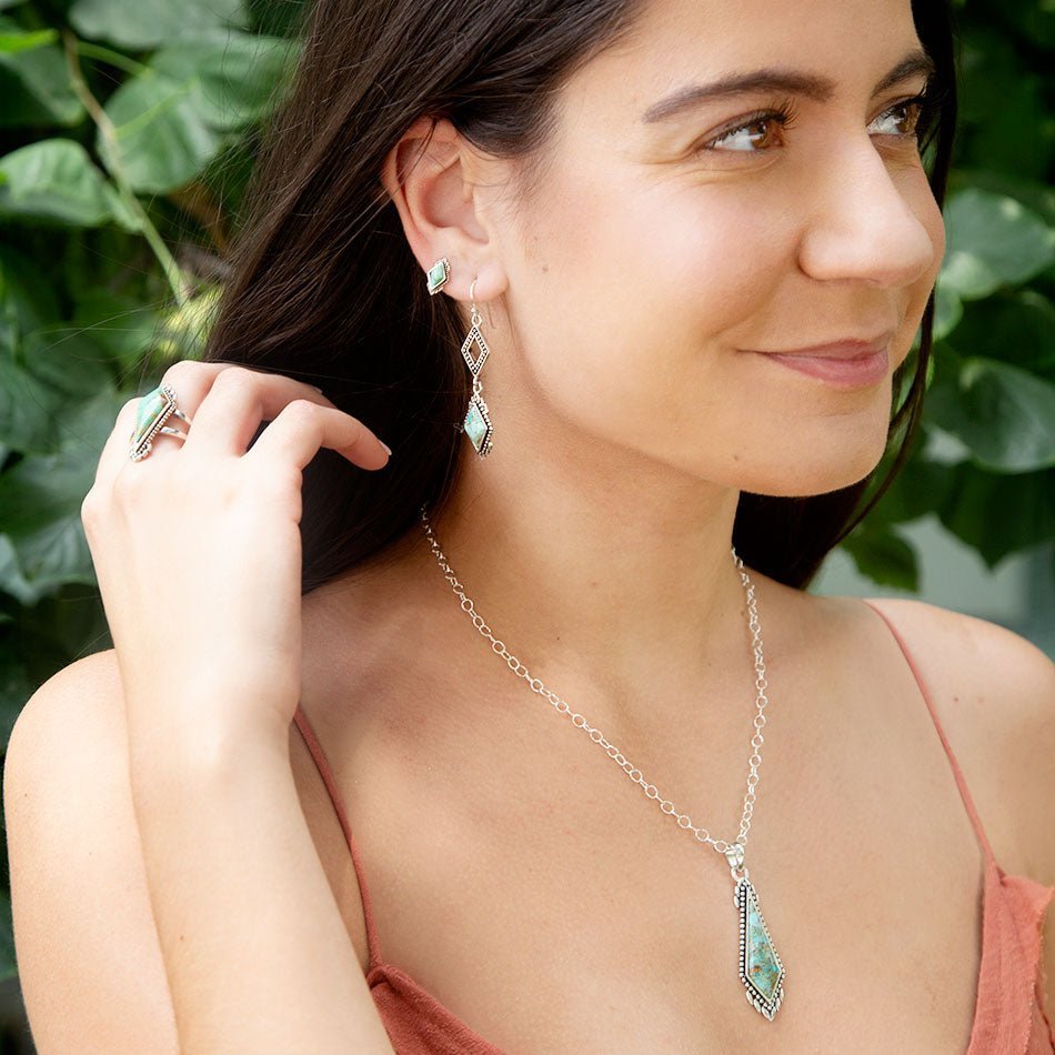 Anemone Long Diamond Turquoise and Sterling Silver Necklace Barse Jewelry