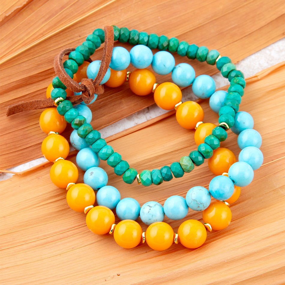 Apricot Blue Teals Triple Golden Bracelet Set Barse Jewelry