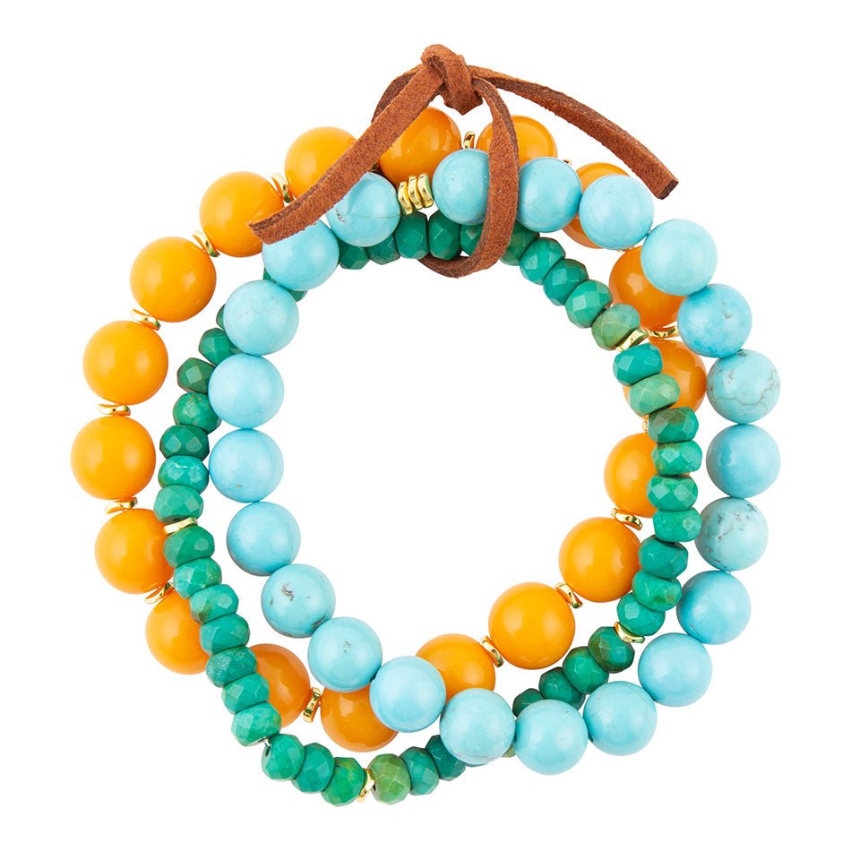 Apricot Blue Teals Triple Golden Bracelet Set Barse Jewelry