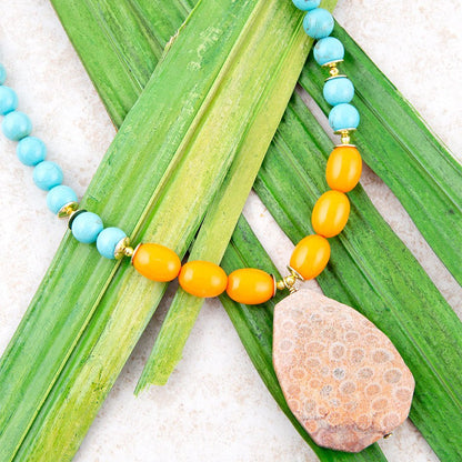 Apricot Fossil Blue Magnesite Golden Pendant Necklace Barse Jewelry