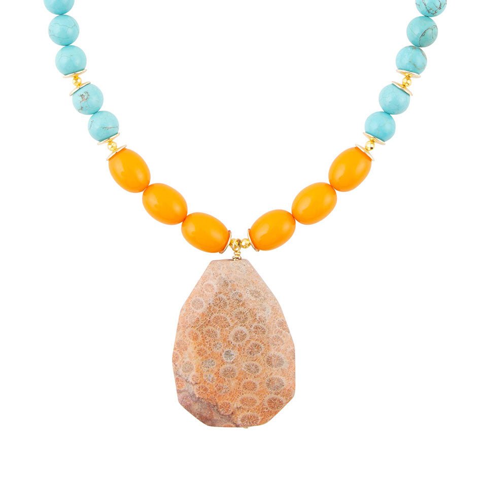 Apricot Fossil Blue Magnesite Golden Pendant Necklace Barse Jewelry
