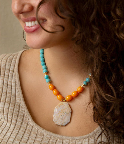 Apricot Fossil Blue Magnesite Golden Pendant Necklace Barse Jewelry