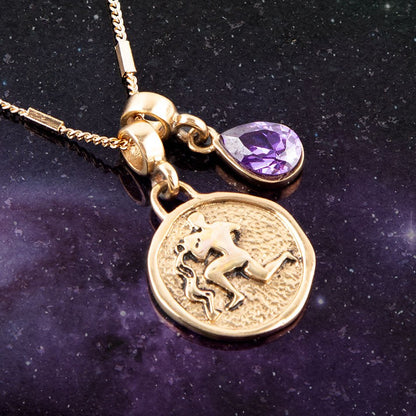 Aquarius - Zodiac Purple Amethyst Golden Charm Necklace Barse Jewelry