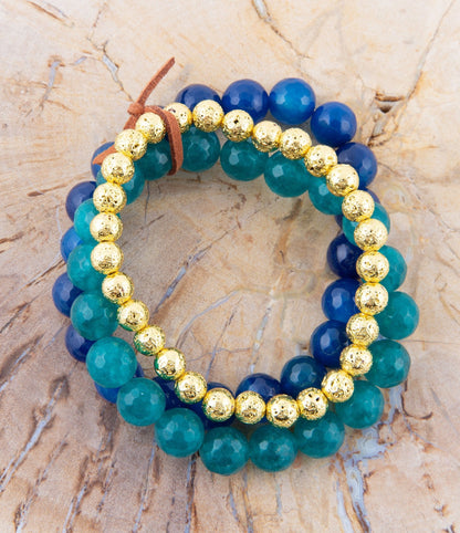 Argo Blue Jade Golden Stretch Bracelet Set Barse Jewelry
