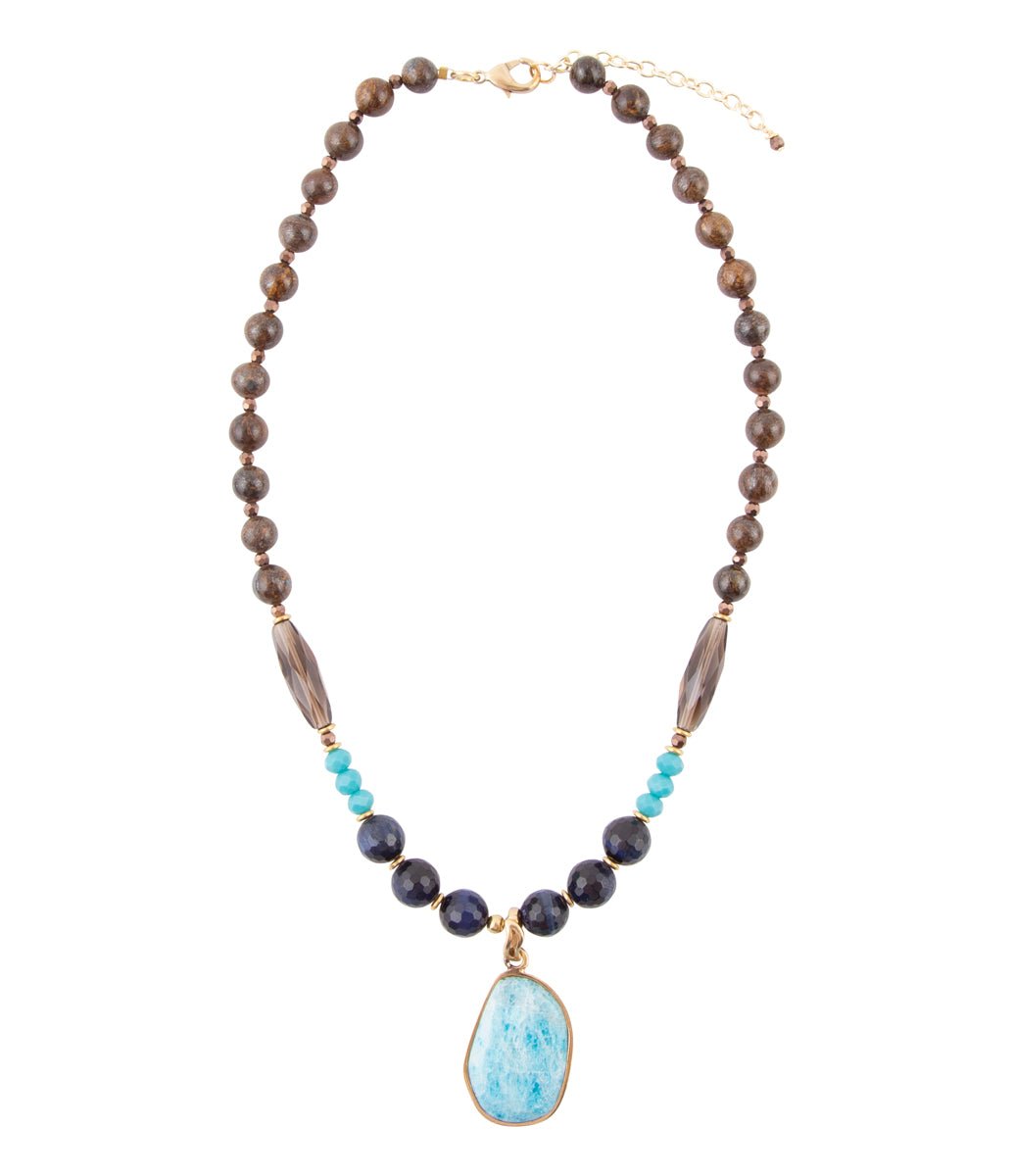 Argo Blue Apatite and Brown Tiger's Eye Golden Pendant Necklace Barse Jewelry