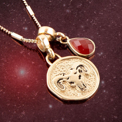 Aries - Zodiac Red Carnelian Golden Charm Necklace Barse Jewelry