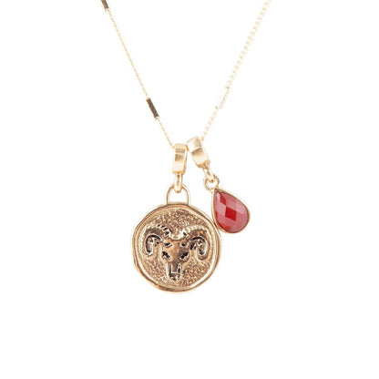 Aries - Zodiac Red Carnelian Golden Charm Necklace Barse Jewelry