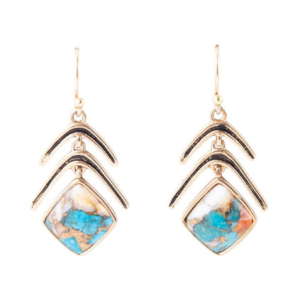 Arrows Blue Turquoise and Spiny Oyster Matrix Golden Drop Earrings Barse Jewelry