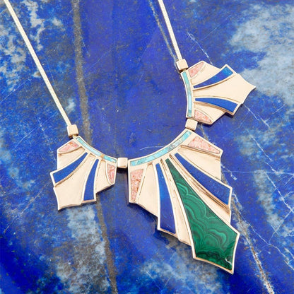 Art Deco Colorful Inlaid Golden Statement Necklace Barse Jewelry
