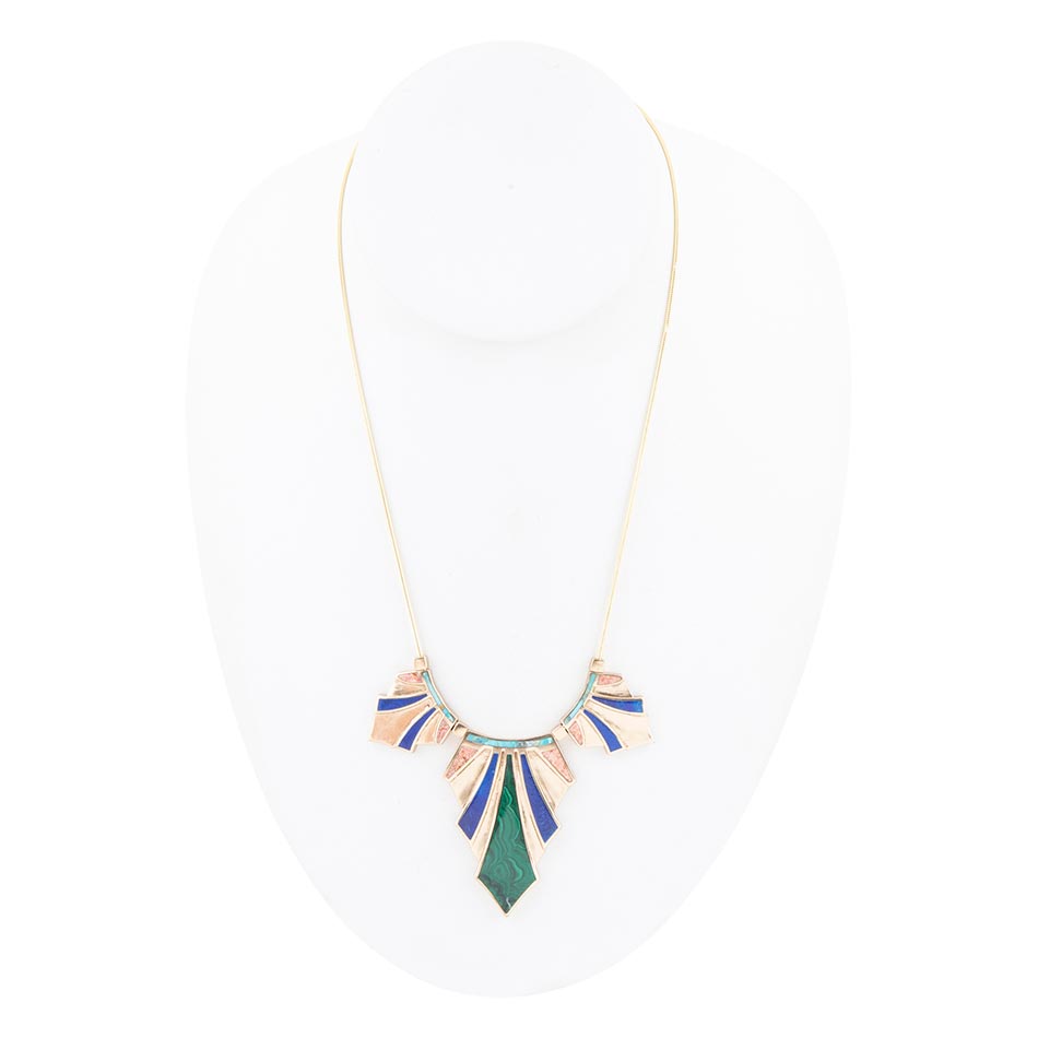 Art Deco Colorful Inlaid Golden Statement Necklace Barse Jewelry
