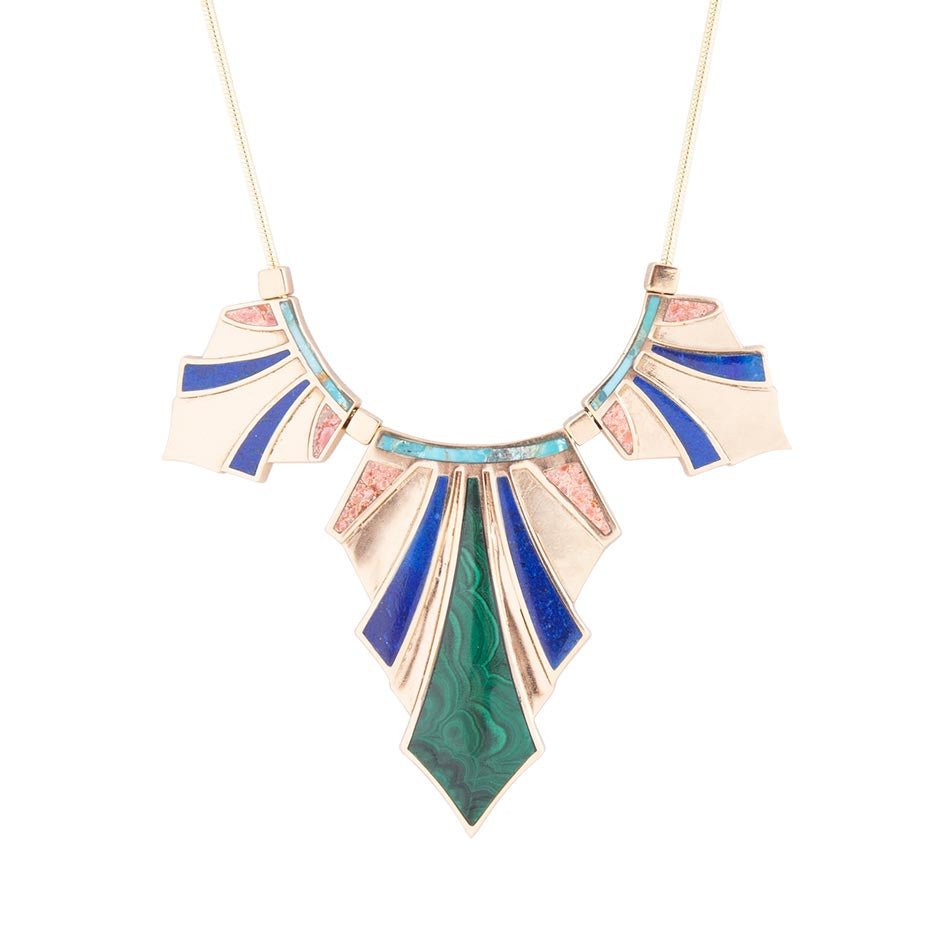 Art Deco Colorful Inlaid Golden Statement Necklace Barse Jewelry