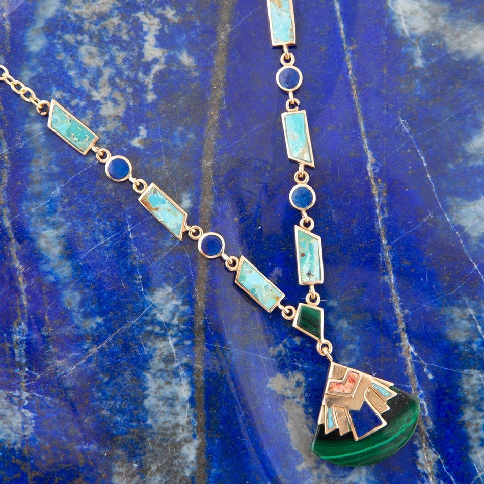 Art Deco Colorful Inlay Golden Necklace Barse Jewelry